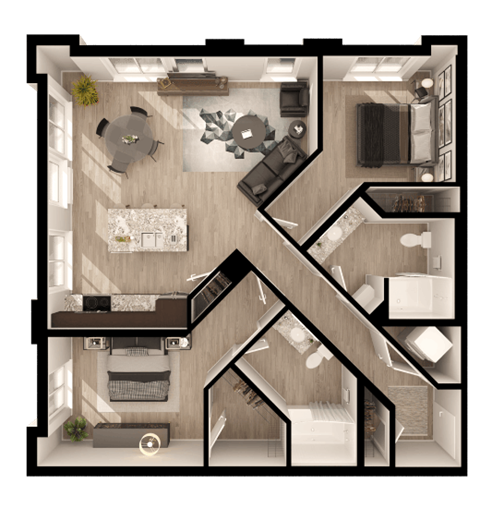 Floor plan for 2 beds, 2 baths, 1086 sqft
